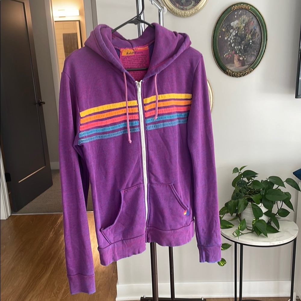 Aviator Nation Purple Hoodie with Colorful Stripes